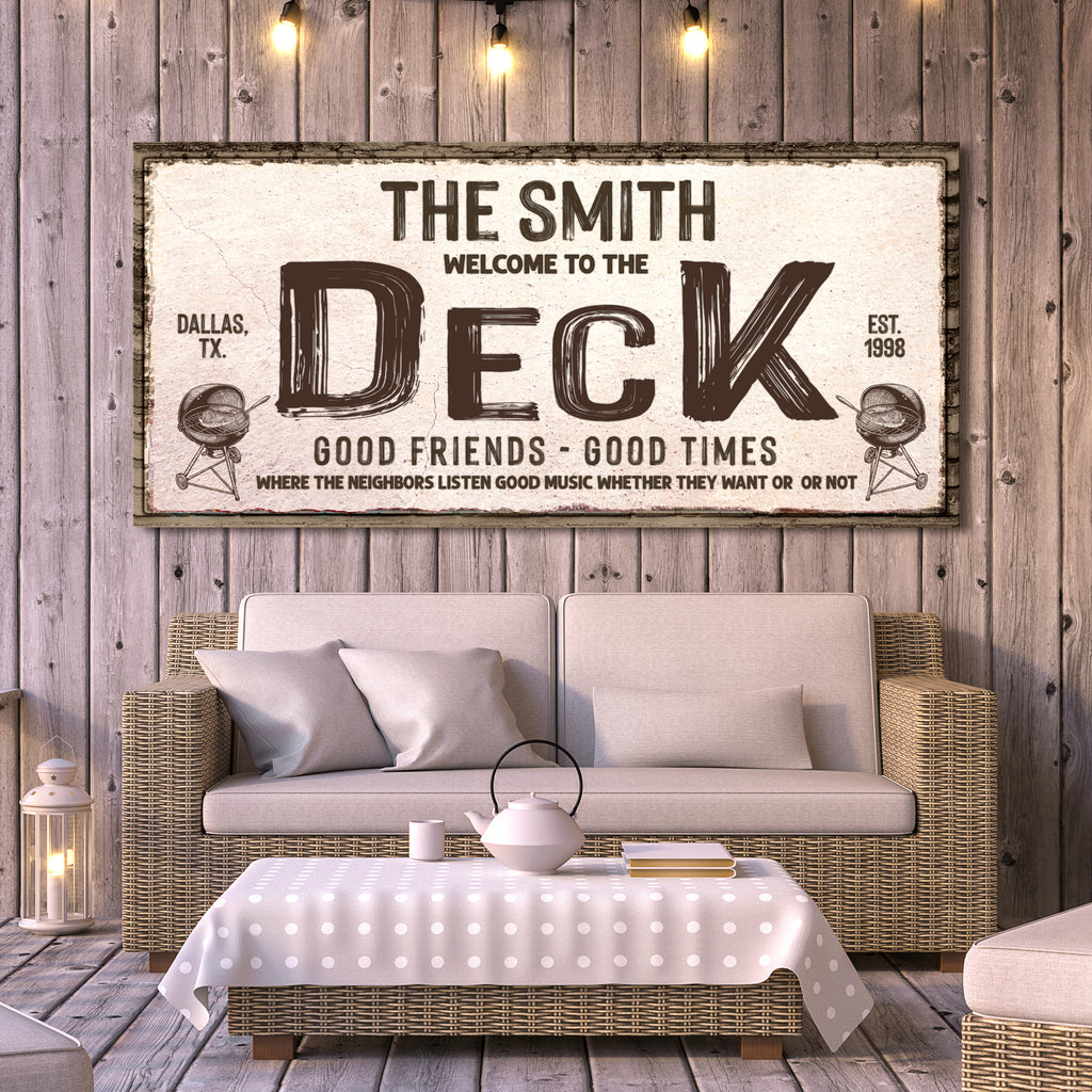 Good Friends Good Times Welcome To The Deck Sign | Customizable Canvas by Tailored Canvases