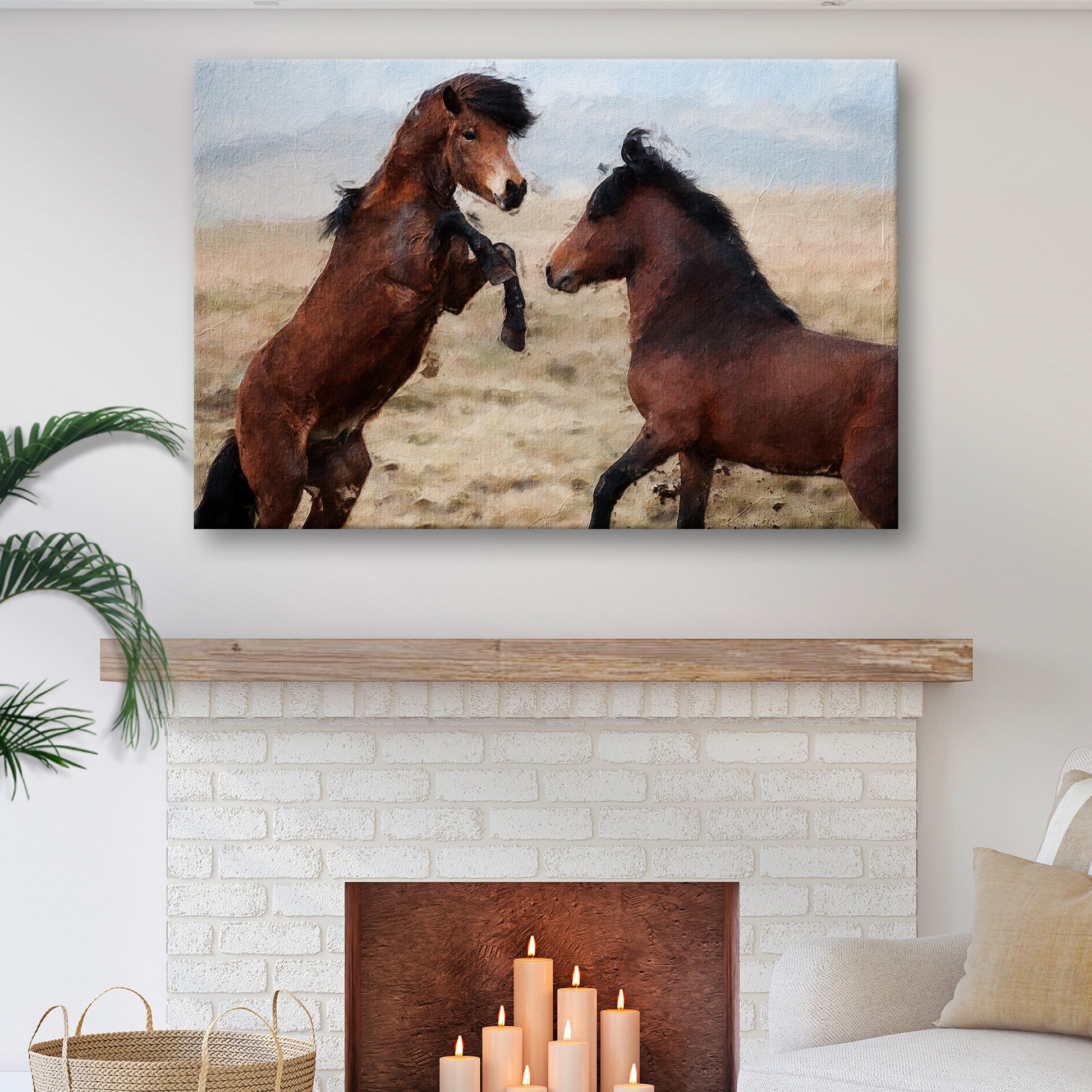 Clashing Wild Horses In Watercolor Canvas Wall Art - Image by Tailored Canvases