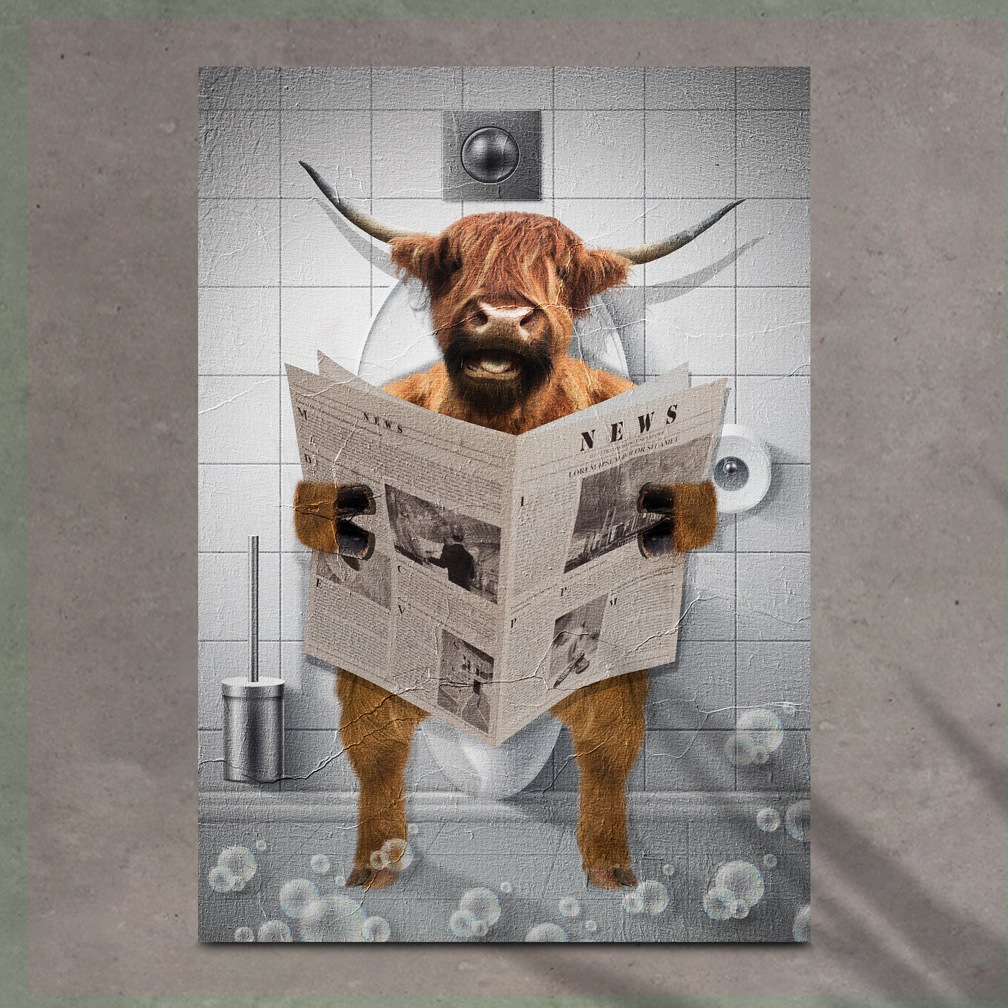 Highland Cattle Reading Newspaper Portrait Canvas Wall Art - Image by Tailored Canvases