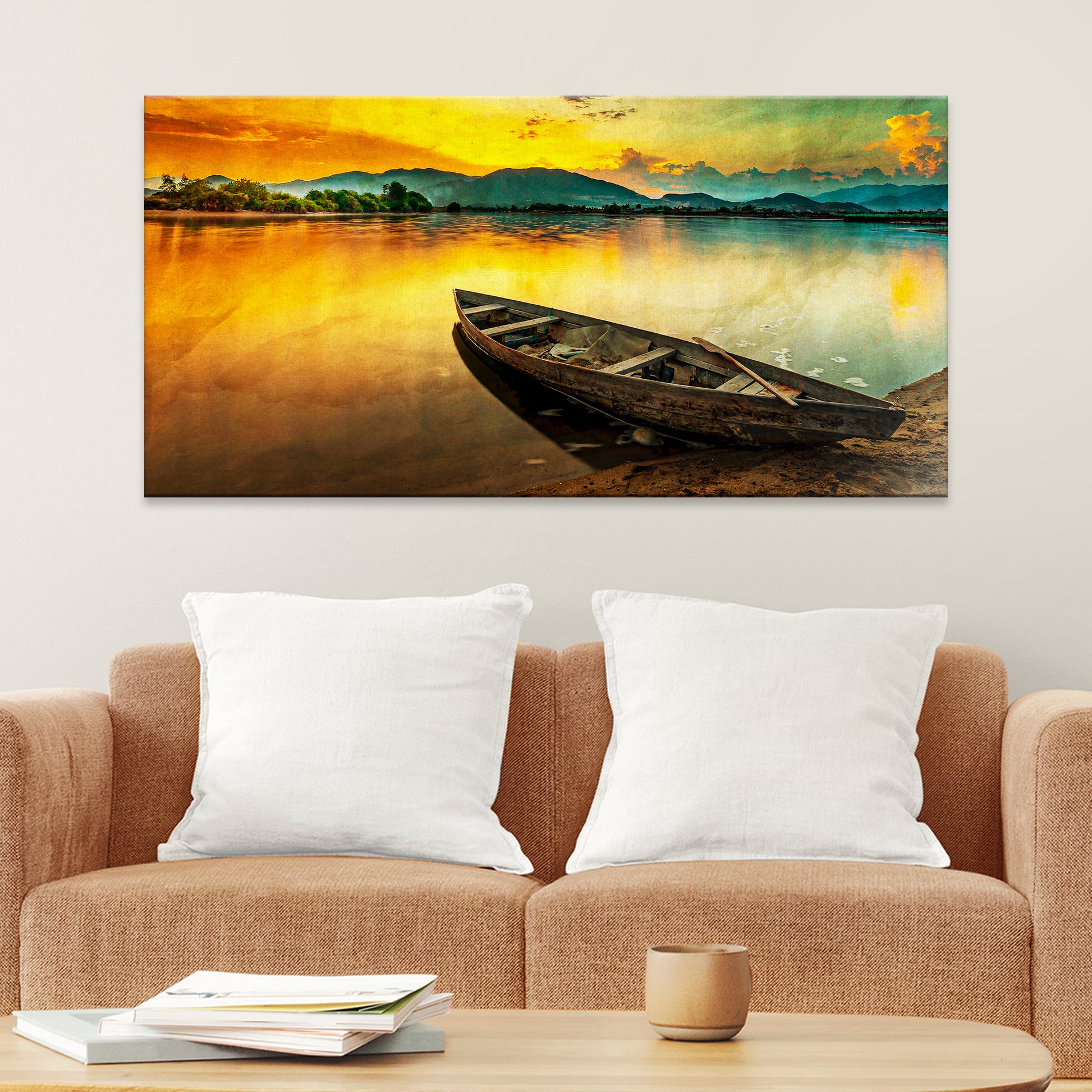 Abandoned Boat By The River At Sunset Wall Art Style 1 - Image by Tailored Canvases