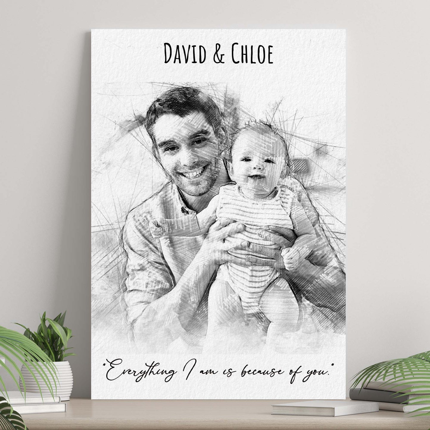 Father And Daughter Pencil Sketch Portrait Sign - Image by Tailored Canvases