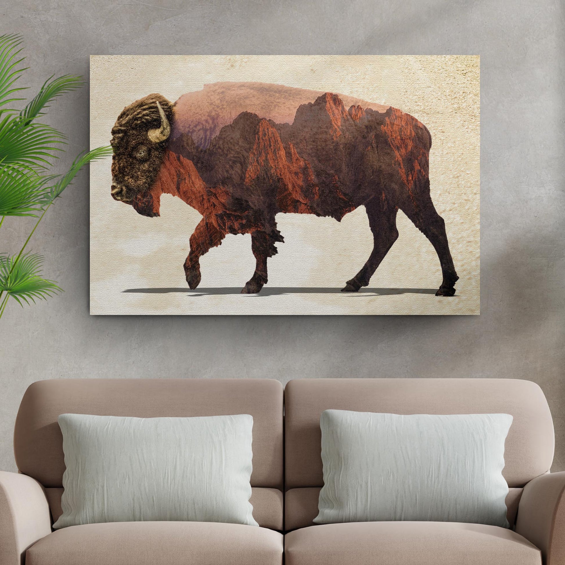 Double Exposure Buffalo with Mountains Canvas Wall Art - Image by Tailored Canvases