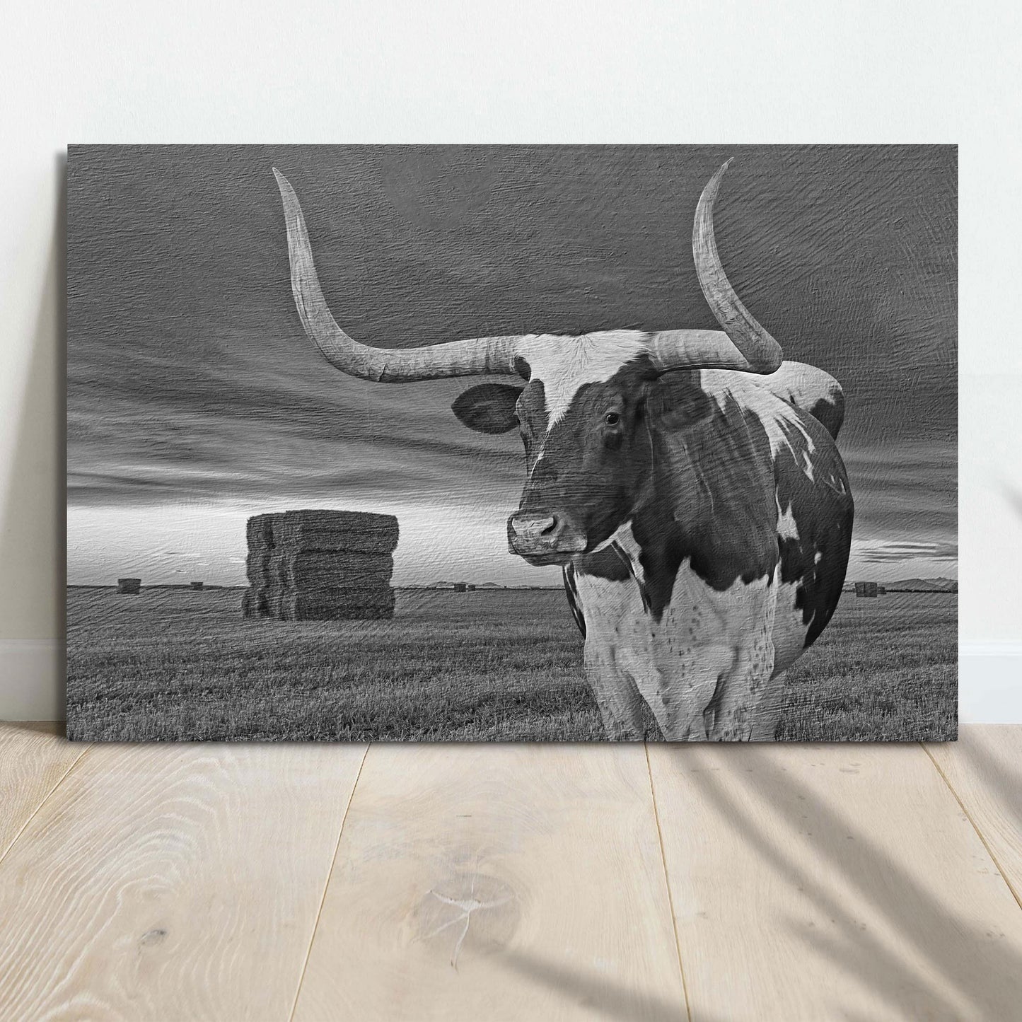 Longhorn Barn Life In Black And White Canvas Wall Art - Image by Tailored Canvases