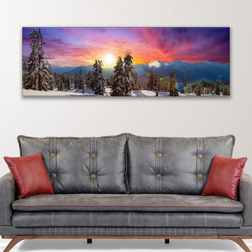 Sunrise On Snow Covered Forest Canvas Wall Art