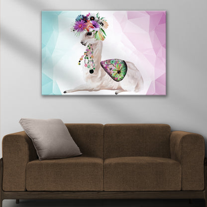 Geometric Flower Crowned Llama Cartoon Canvas Wall Art Style 1 - Image by Tailored Canvases