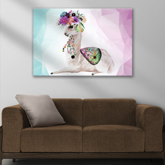 Geometric Flower Crowned Llama Cartoon Canvas Wall Art - Image by Tailored Canvases