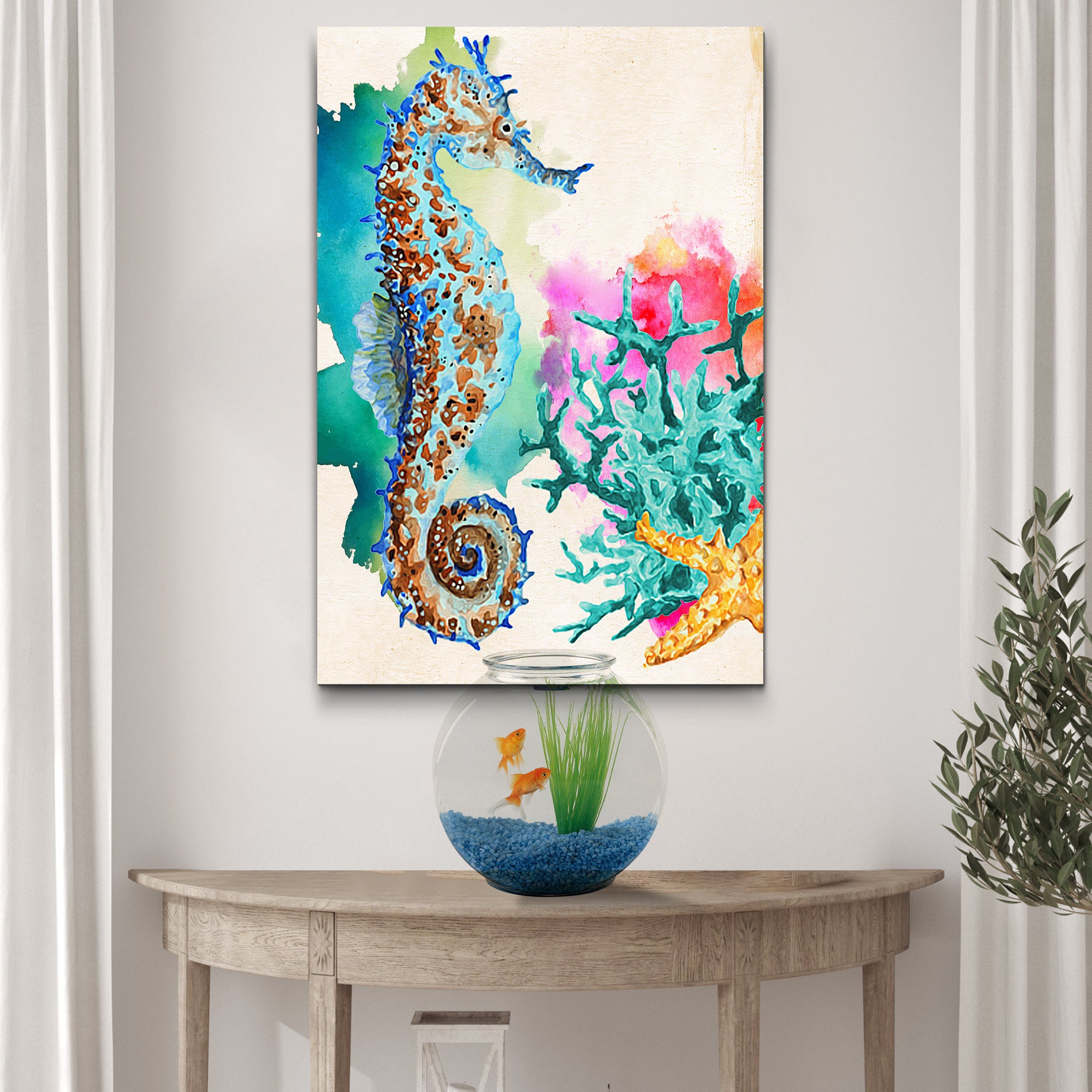 Vibrant Seahorse Watercolor Portrait Canvas Wall Art - Tailored Canvases