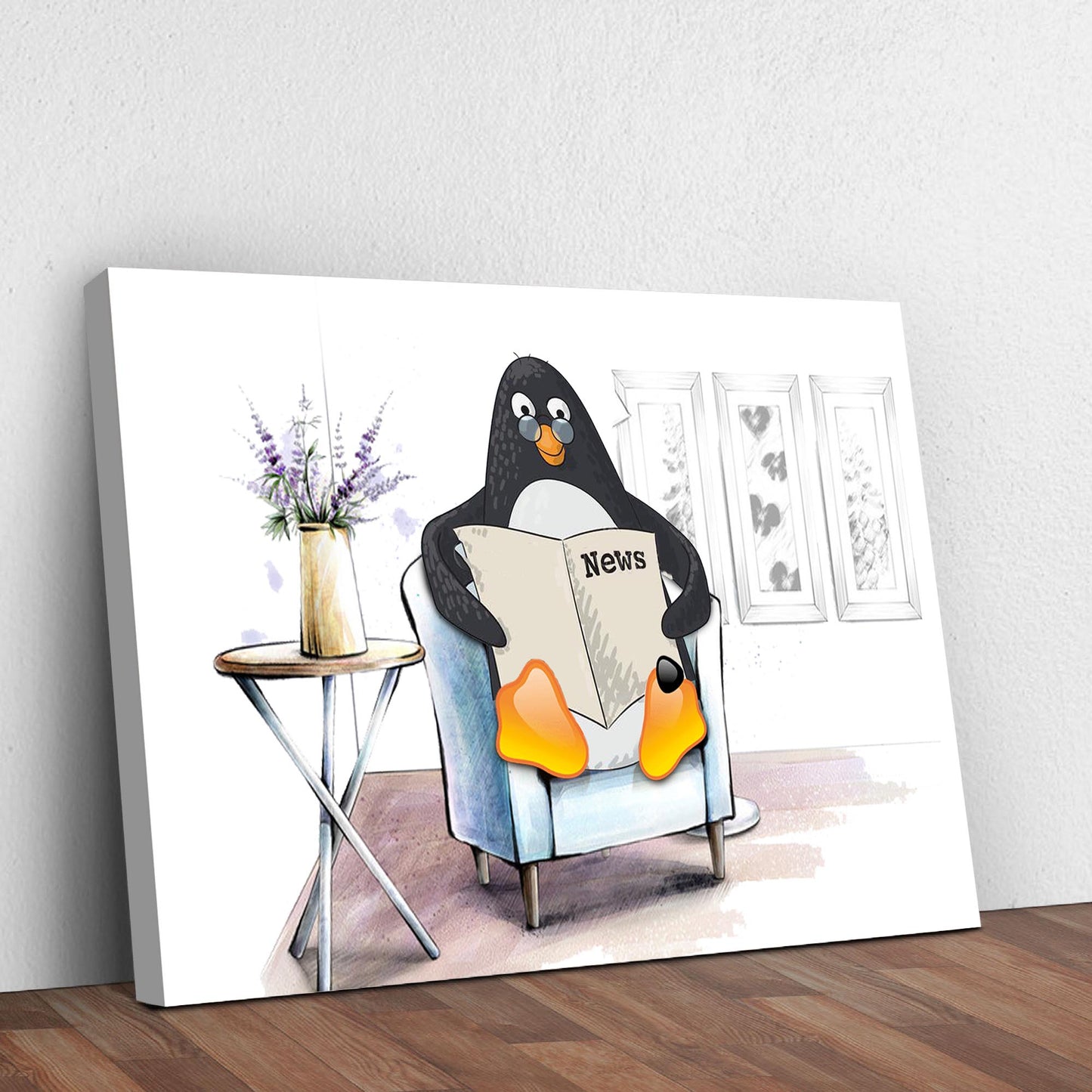 Penguin Reading Newspaper Canvas Wall Art II