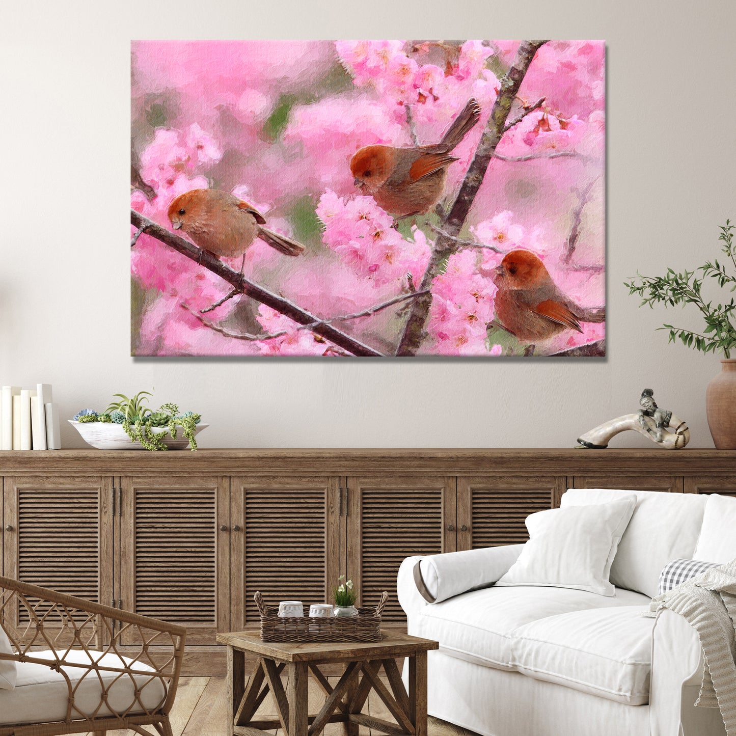 Birds on Cherry Blossom Tree Painting Canvas Wall Art - Image by Tailored Canvases
