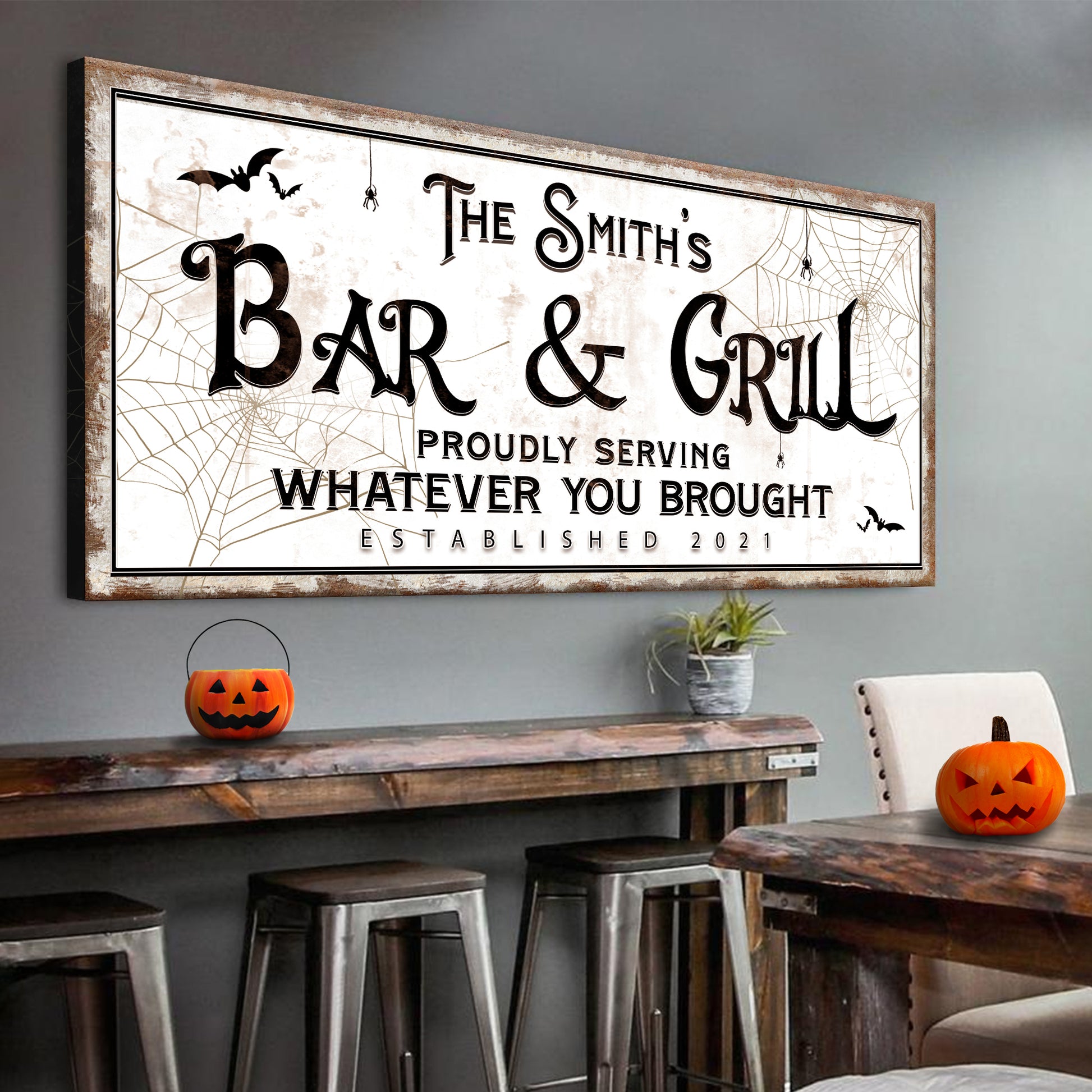Tailored Canvases | Spooky Bar & Grill cute Halloween signs of rustic black labels with bats and webs on a vintage white canvas.