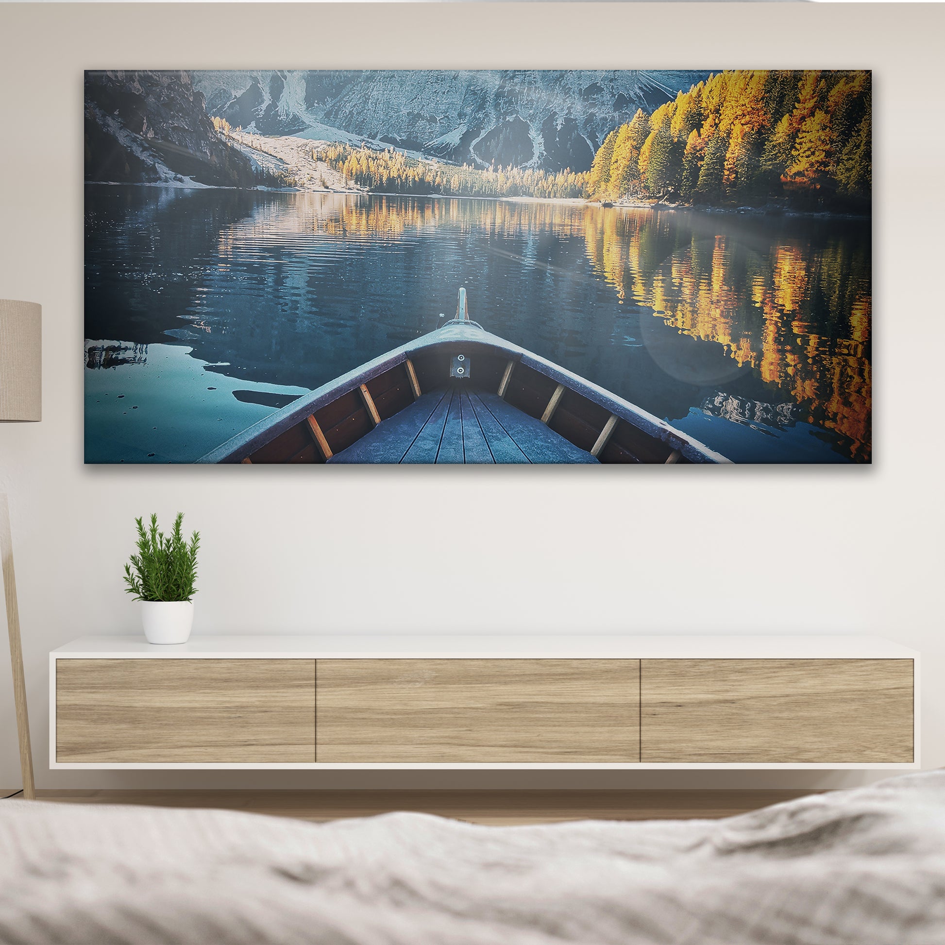 Boat View By The Lake Canvas Wall Art - Image by Tailored Canvases