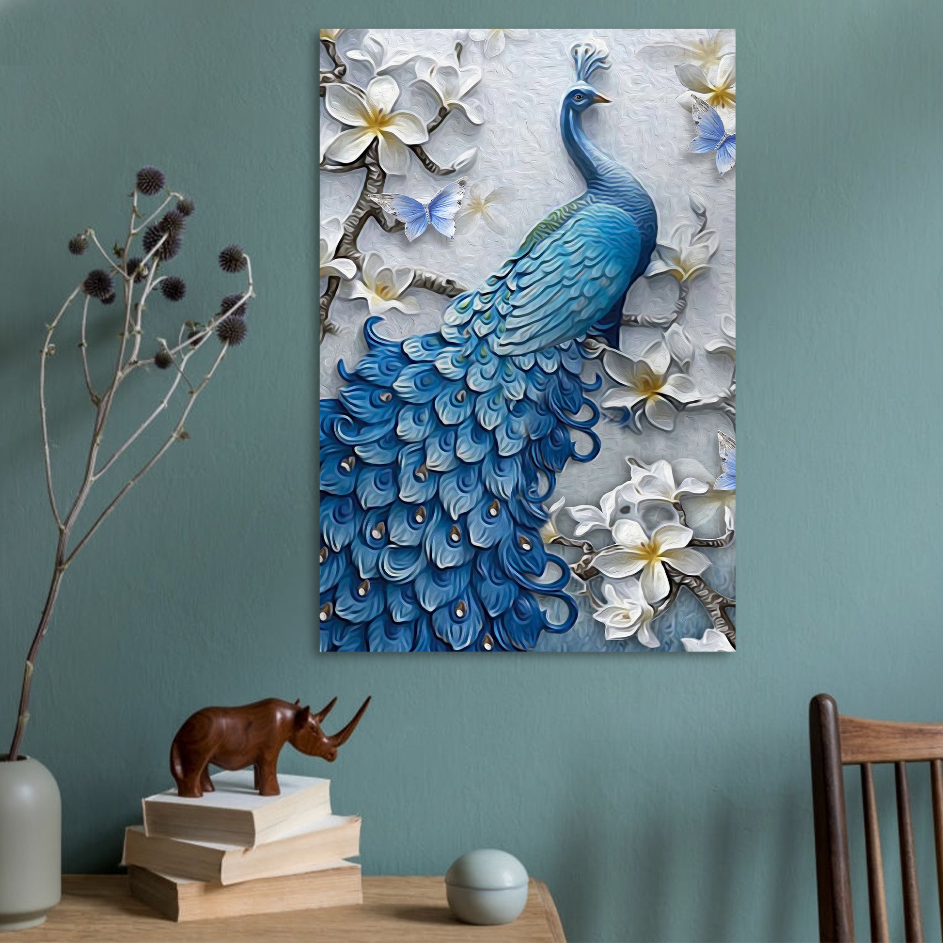 Elegant Peacock and White Magnolias Painting Portrait Canvas Wall Art  - Image by Tailored Canvases