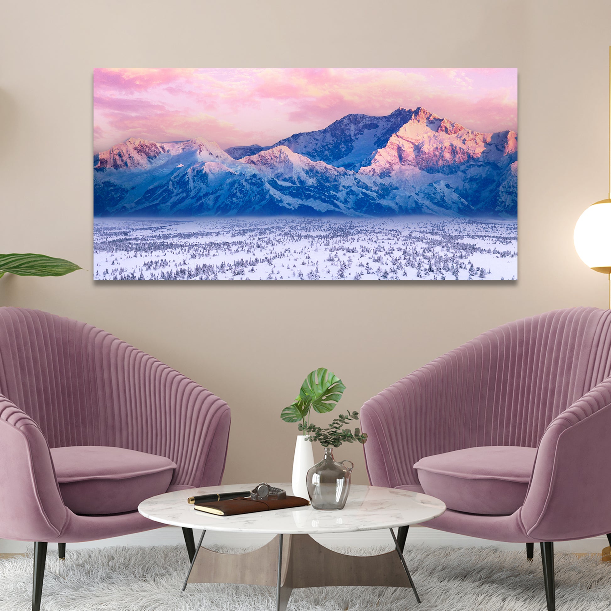 Pink Skies Over Snow Capped Mountain Canvas Wall Art - Image by Tailored Canvases