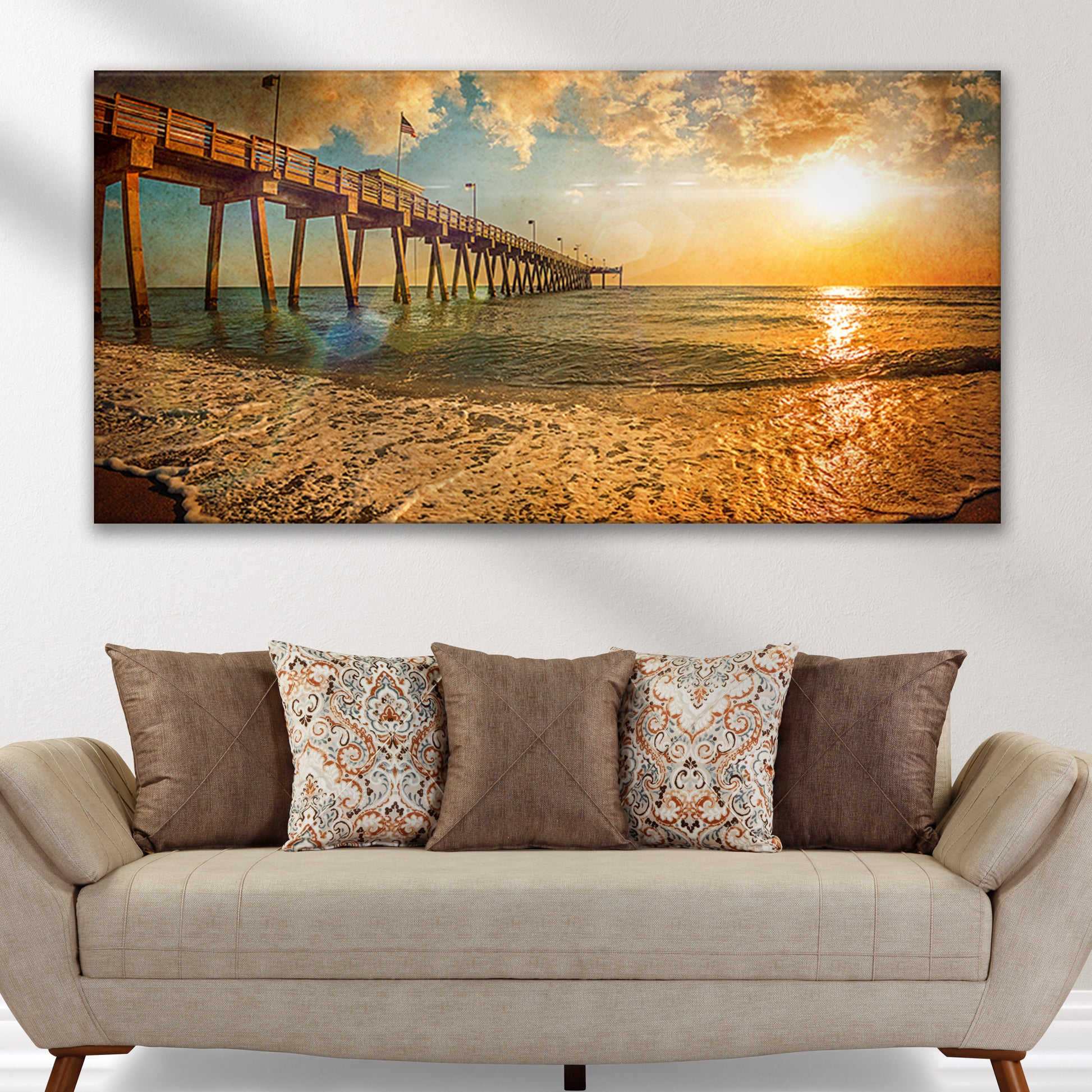 Vintage Sunset Beach Pier Canvas Wall Art Style 1 - Image by Tailored Canvases