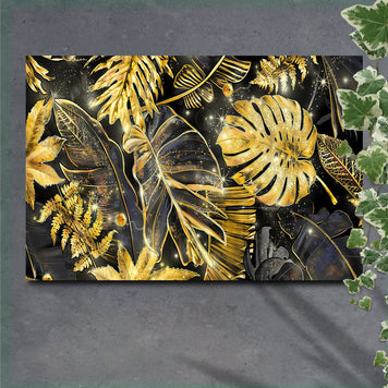 Black And Gold Tropical Leaves Canvas Wall Art