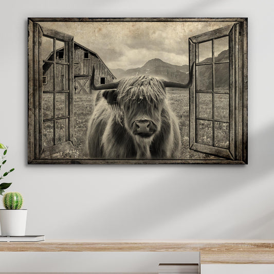 Highland Cow By The Window In Monochrome Canvas Wall Art - Image by Tailored Canvases