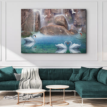 Swans by the Waterfall Canvas Wall Art