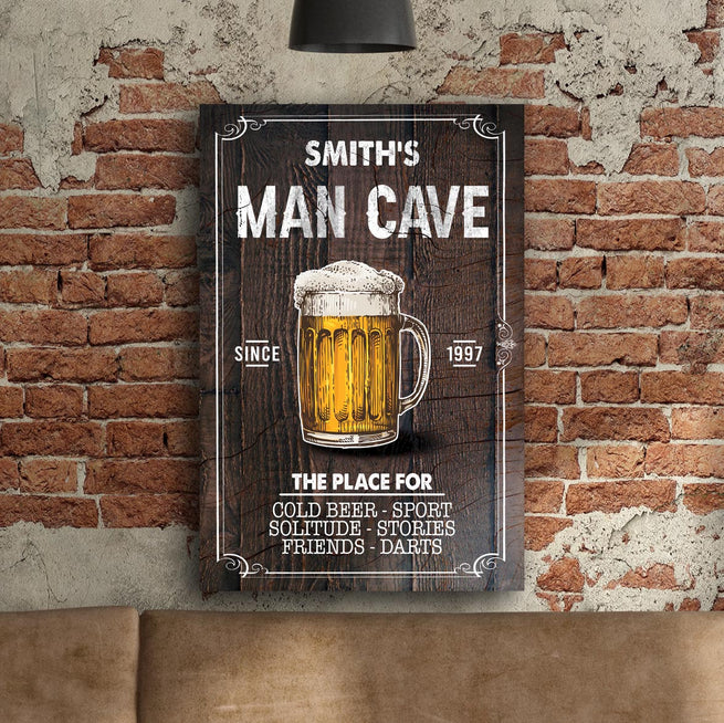 Man Cave The Place For Cold Beer, Solitude, Friends Sign | Customizable Canvas by Tailored Canvases