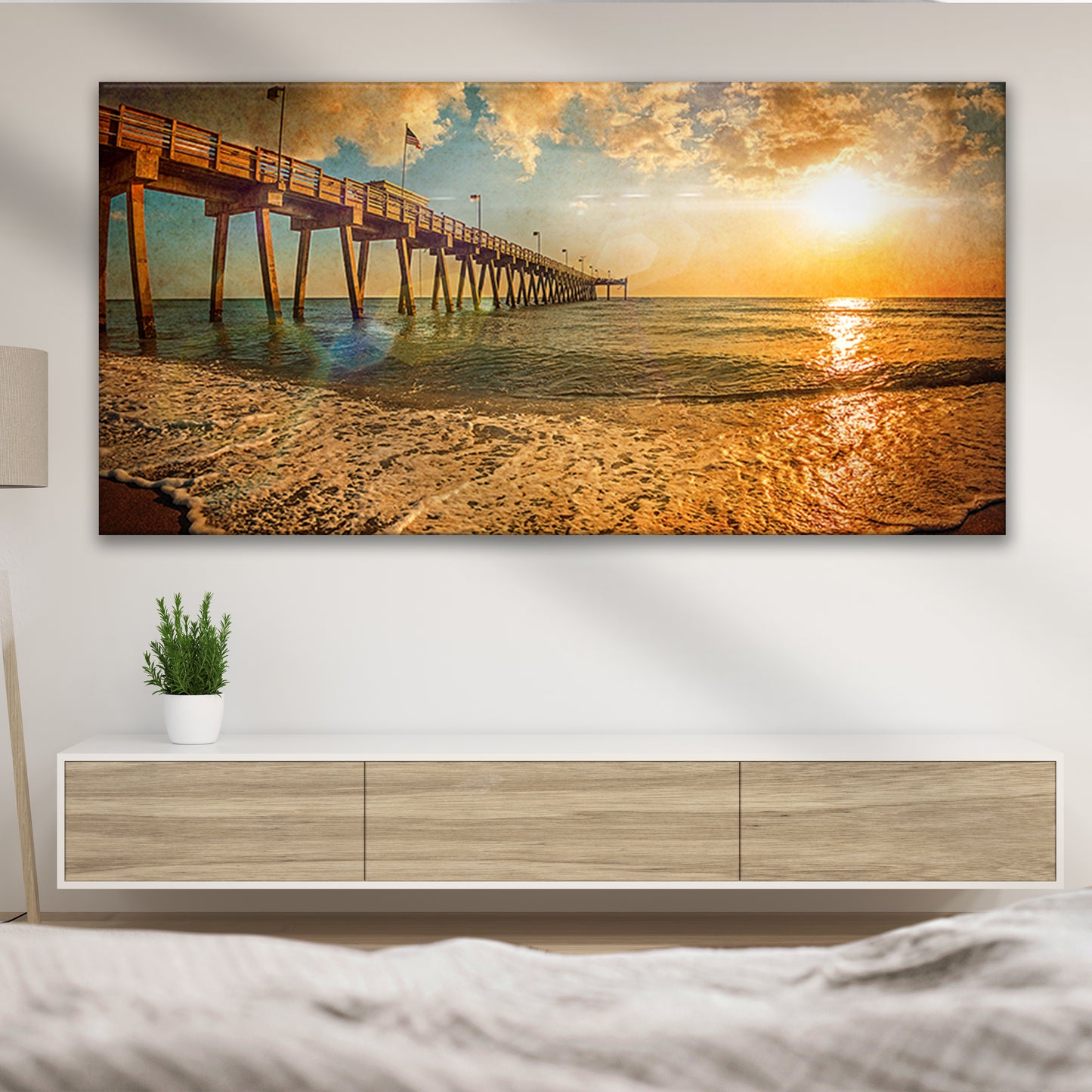 Vintage Sunset Beach Pier Canvas Wall Art - Image by Tailored Canvases