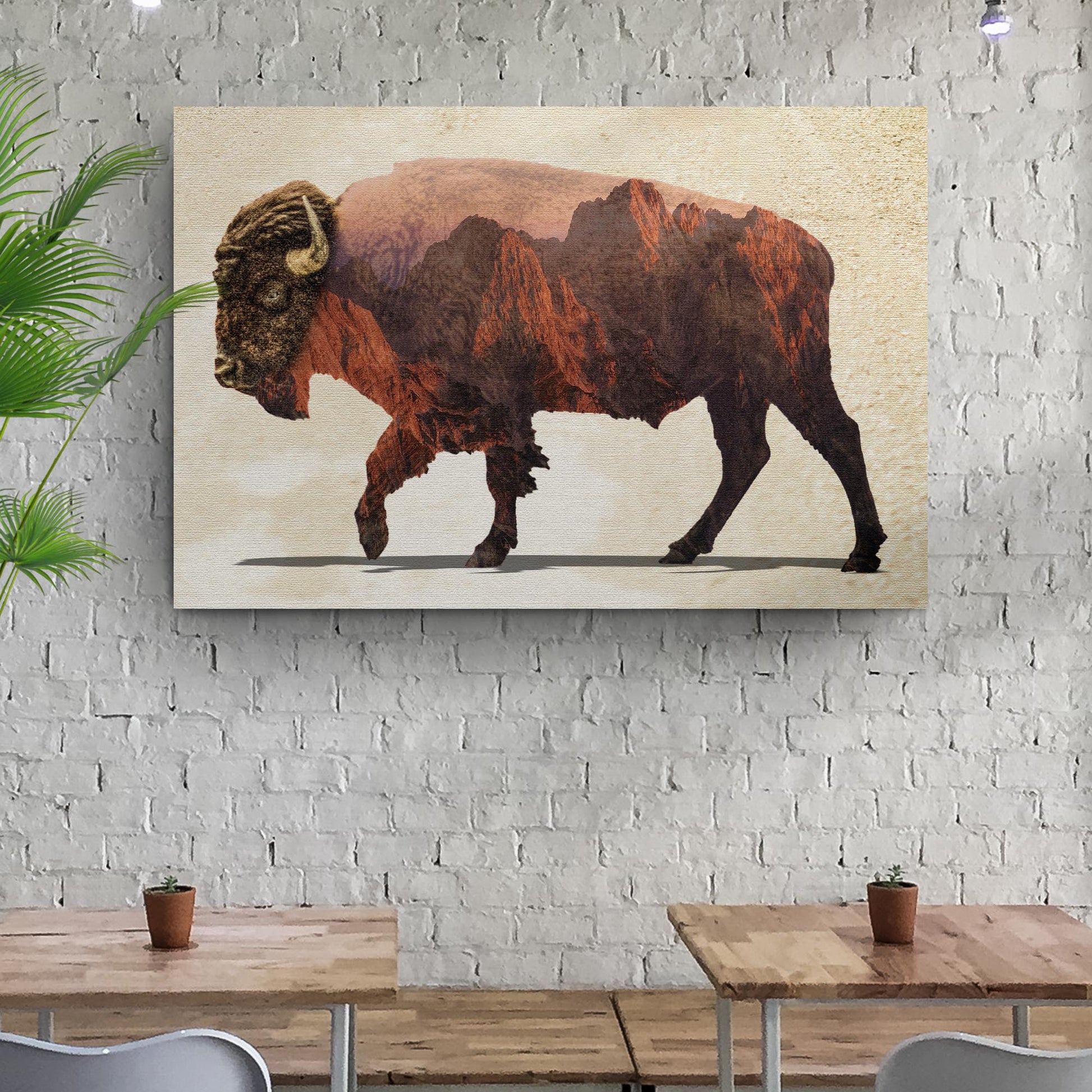 Double Exposure Buffalo with Mountains Canvas Wall Art Style 1 - Image by Tailored Canvases