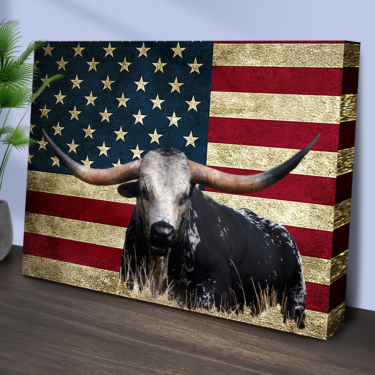Longhorn Cattle American Flag Canvas Wall Art Style 1 - Image by Tailored Canvases