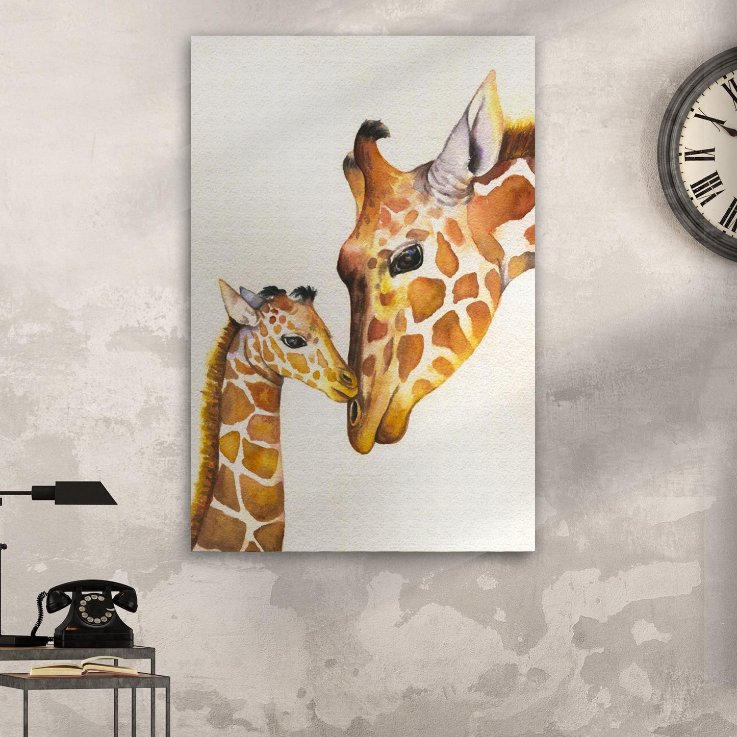 Mom and Baby Giraffe Watercolor Portrait Canvas Wall Art Style 1 - Image by Tailored Canvases