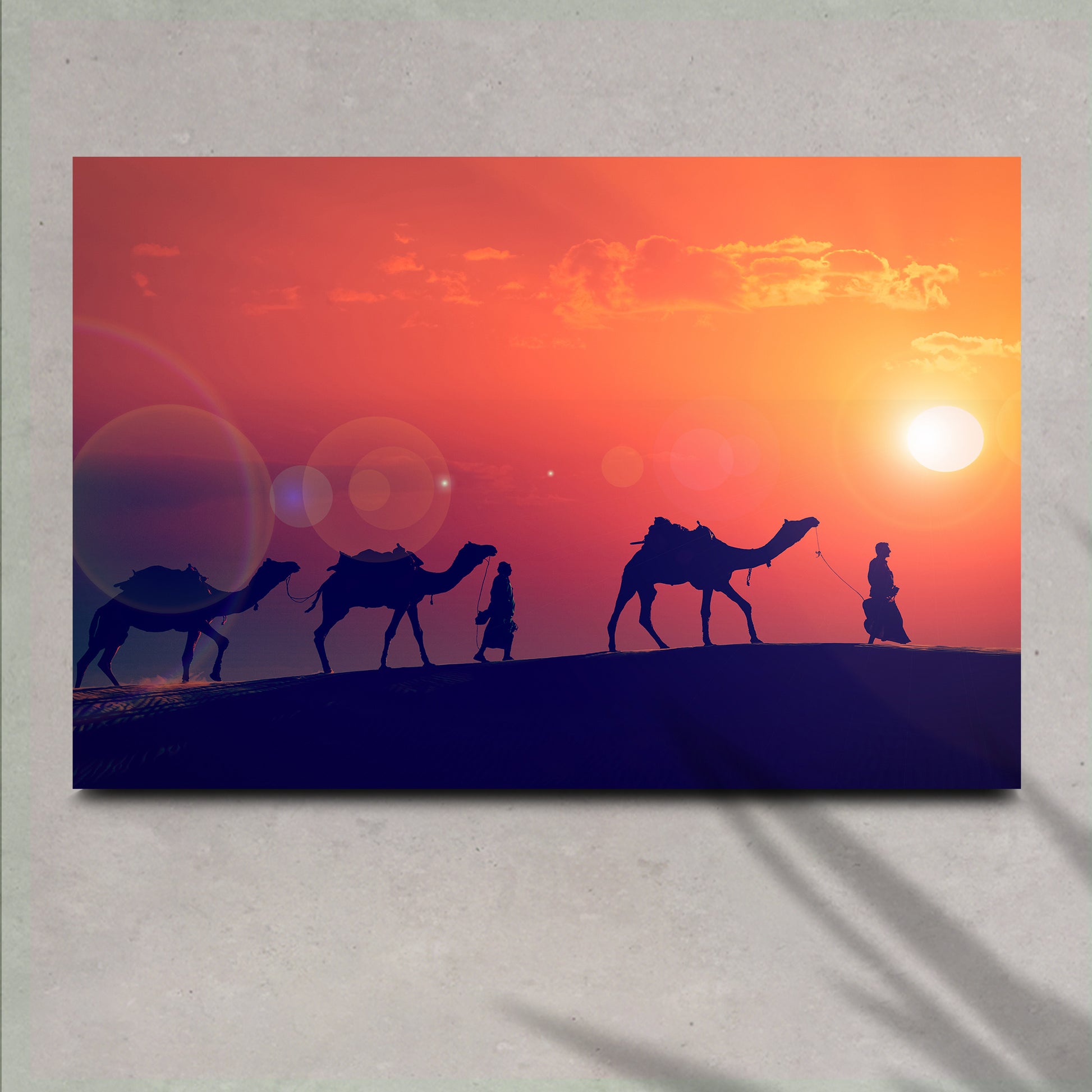 Camel Journey At Sunset Canvas Wall Art - Image by Tailored Canvases