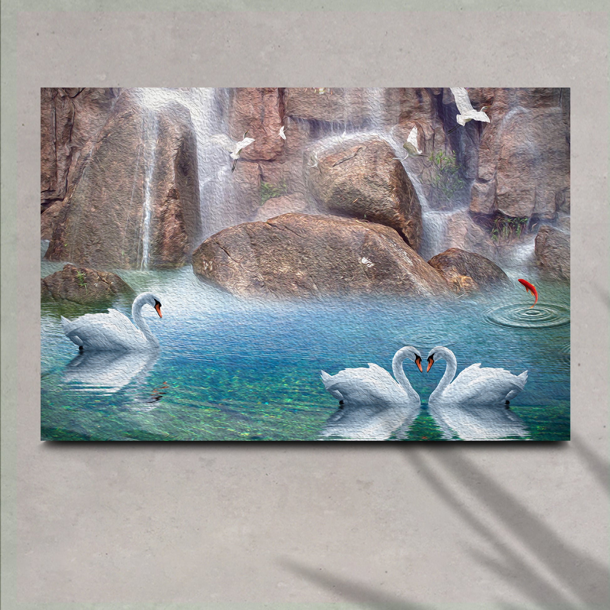 Swans by the Waterfall Canvas Wall Art Style 1 - Image by Tailored Canvases