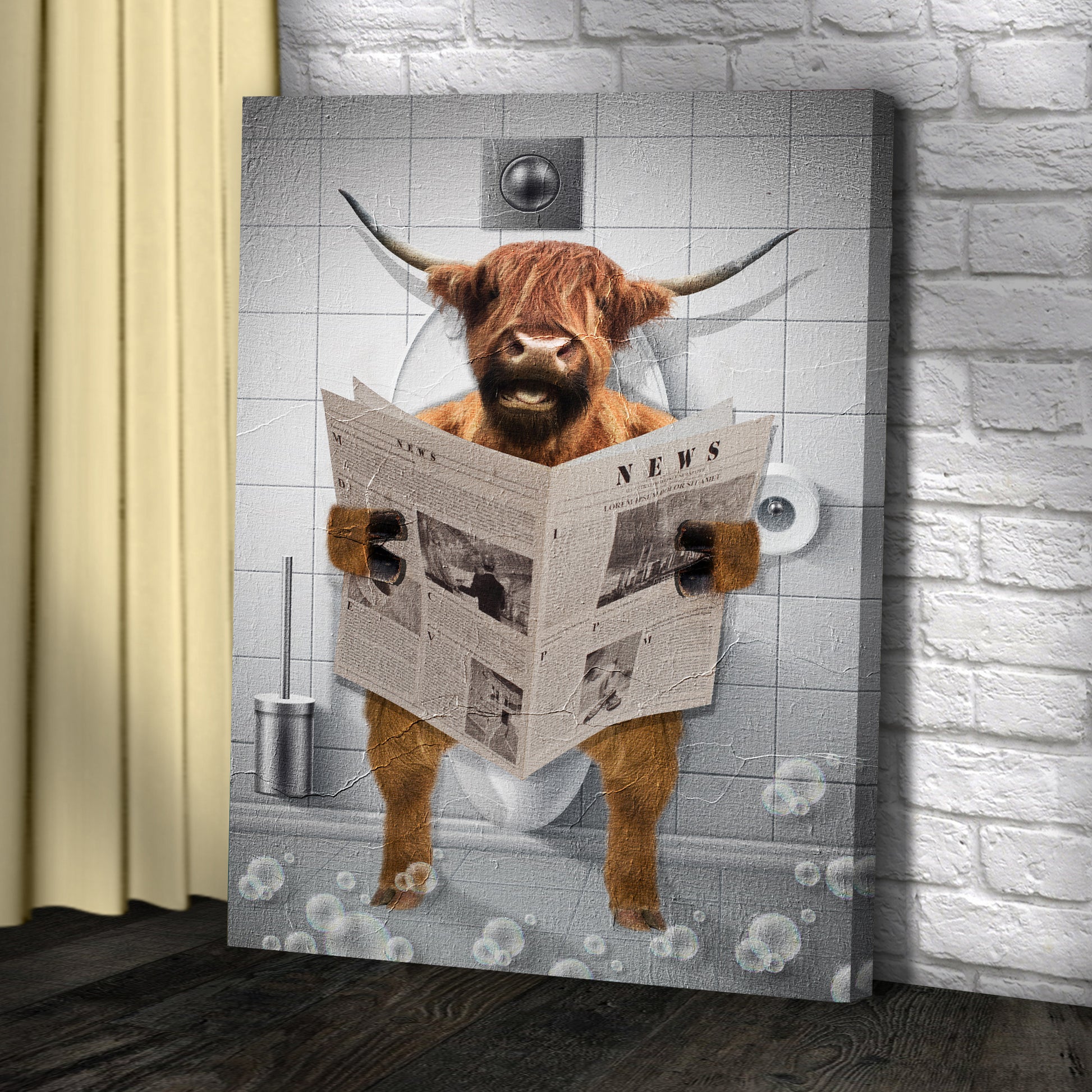 Highland Cattle Reading Newspaper Portrait Canvas Wall Art Style 2 - Image by Tailored Canvases