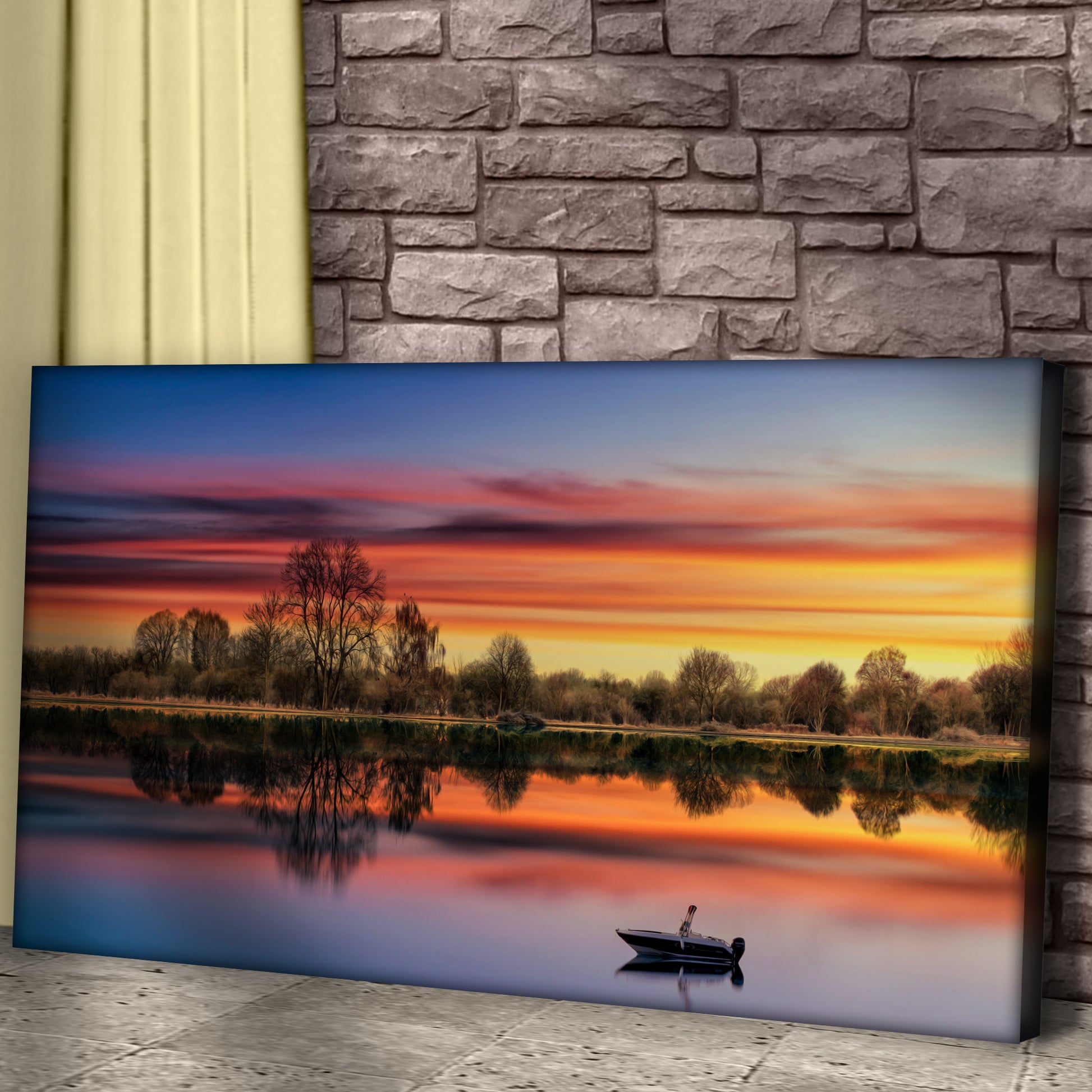 Sunset Lake Boat Canvas Wall Art Style 1 - Image by Tailored Canvases