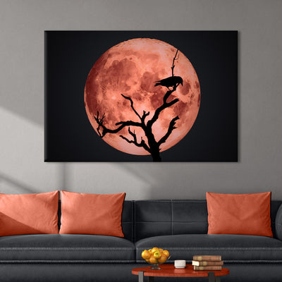 Crow And Blood Moon Canvas Wall Art