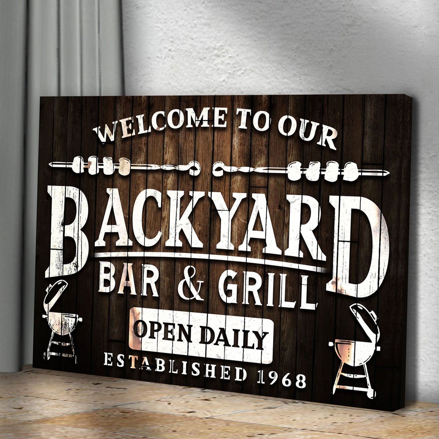 Welcome To Our Backyard Bar And Grill Sign Style 1 - Image by Tailored Canvases