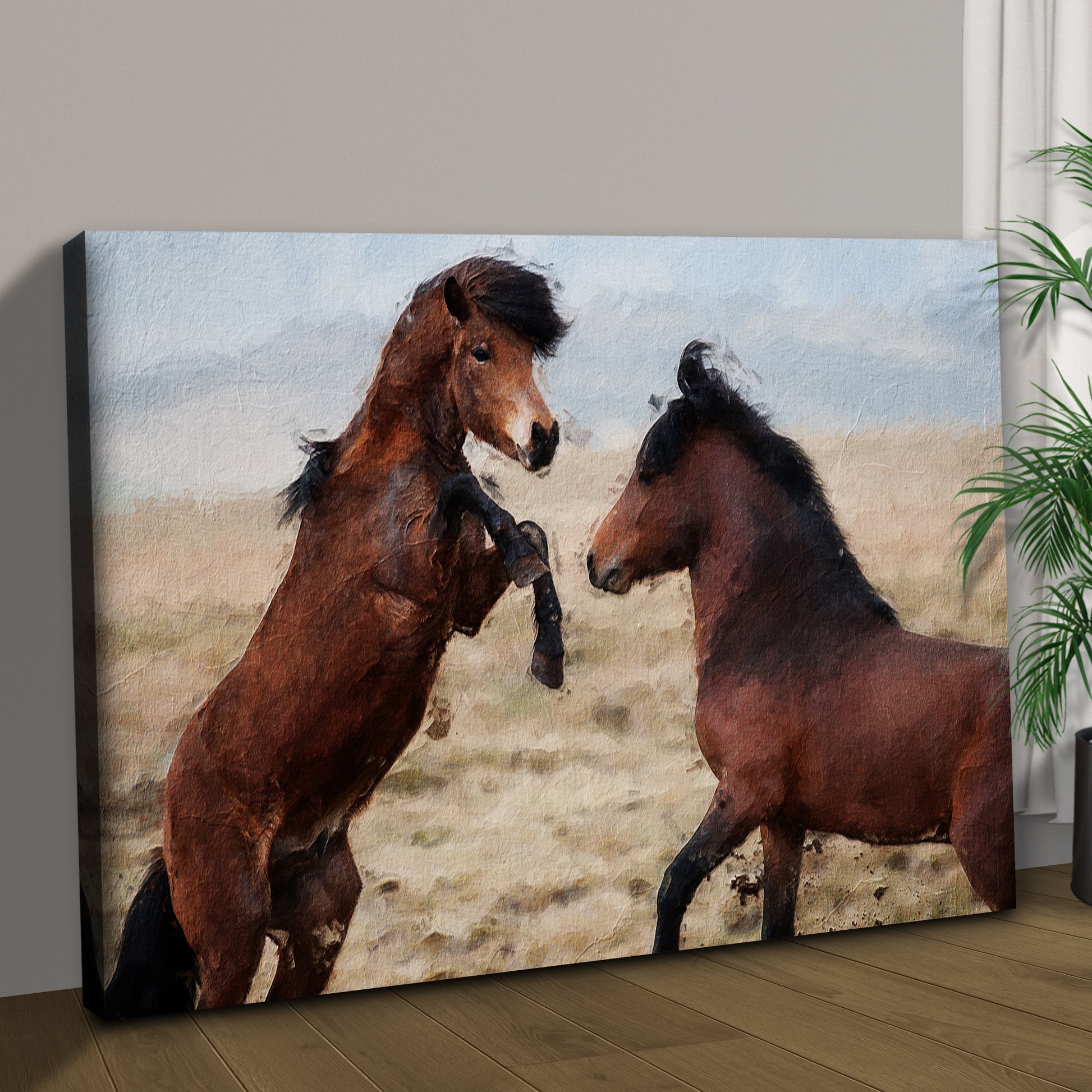 Clashing Wild Horses In Watercolor Canvas Wall Art Style 1 - Image by Tailored Canvases