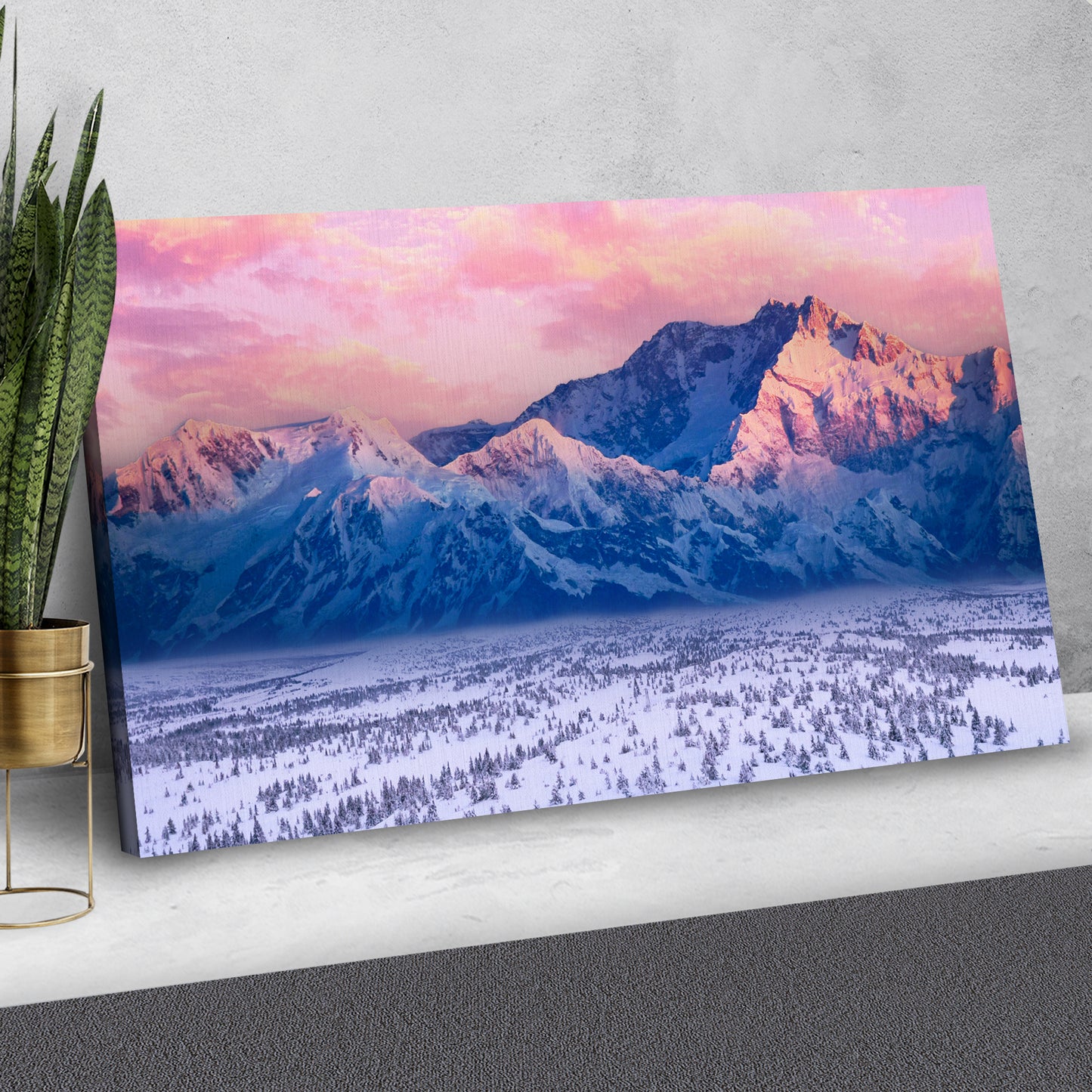 Pink Skies Over Snow Capped Mountain Canvas Wall Art Style 1 - Image by Tailored Canvases