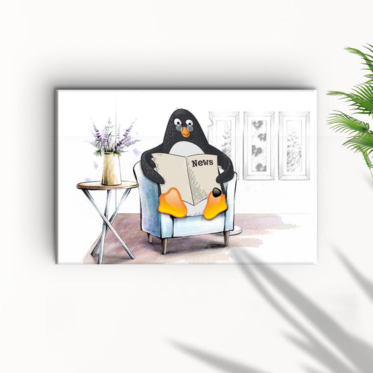 Penguin Reading Newspaper Canvas Wall Art II