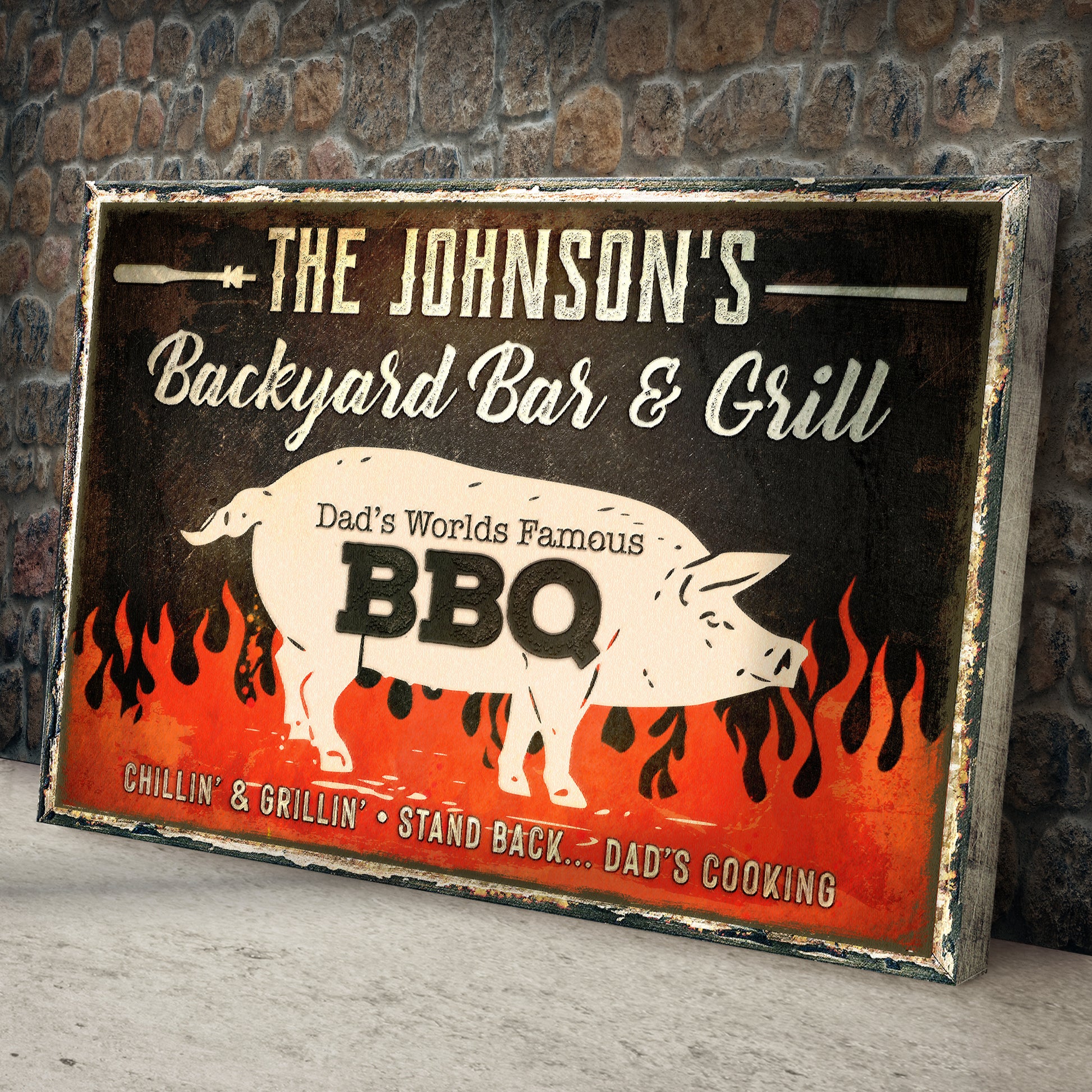 Dad's World Famous BBQ Backyard Bar & Grill Sign Style 2 - Image by Tailored Canvases