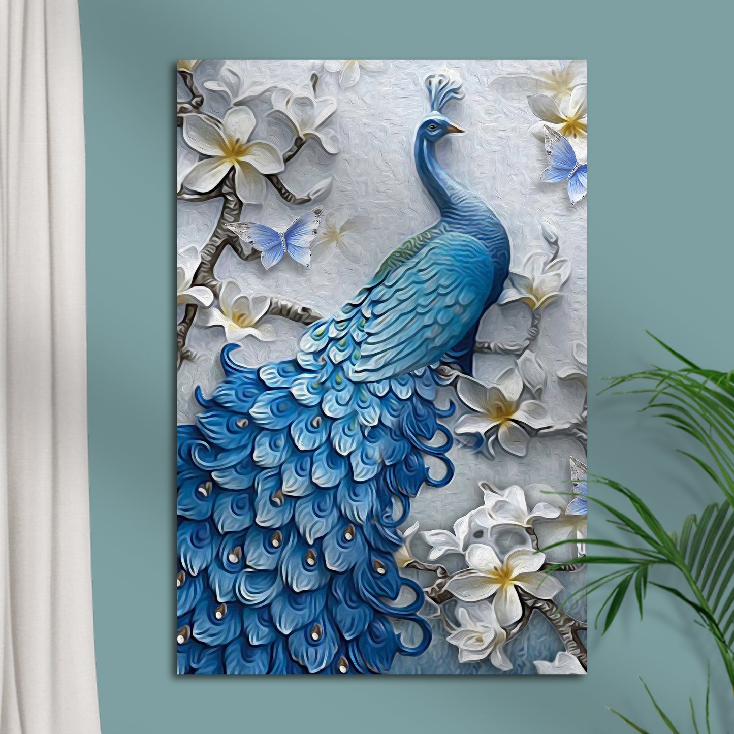 Elegant Peacock and White Magnolias Painting Portrait Canvas Wall Art Style 1 - Image by Tailored Canvases