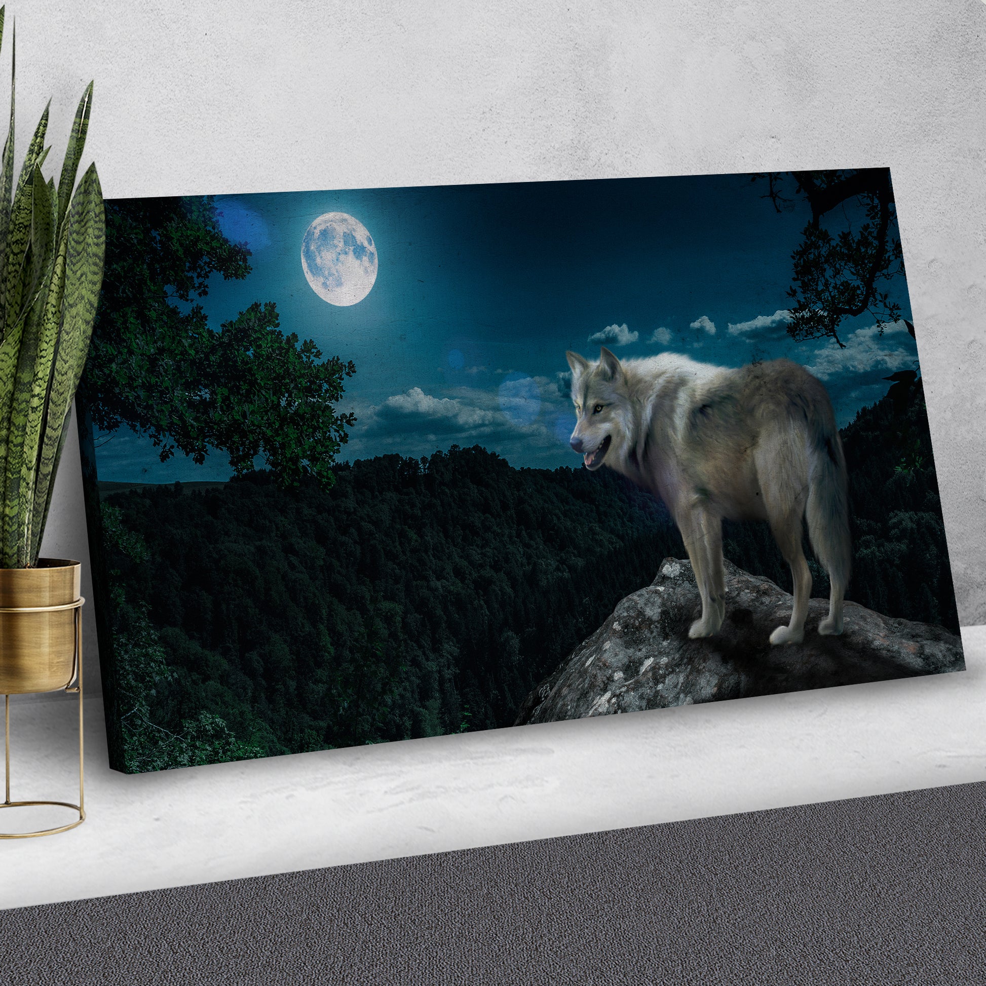 Lone Wolf By The Full Moon Canvas Wall Art Style 1 - Image by Tailored Canvases