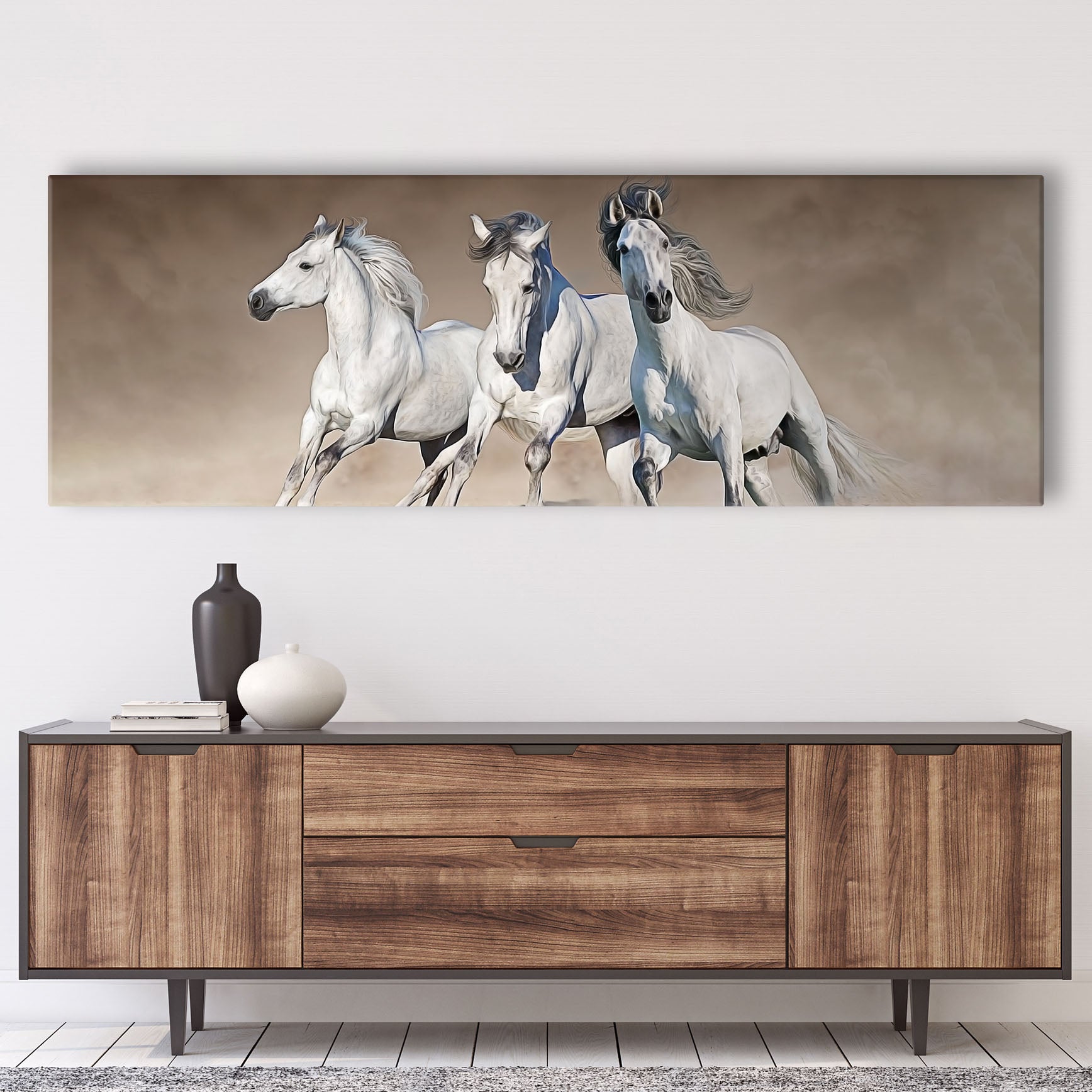 White Horses Running Canvas Wall Art Style 1 - Image by Tailored Canvases