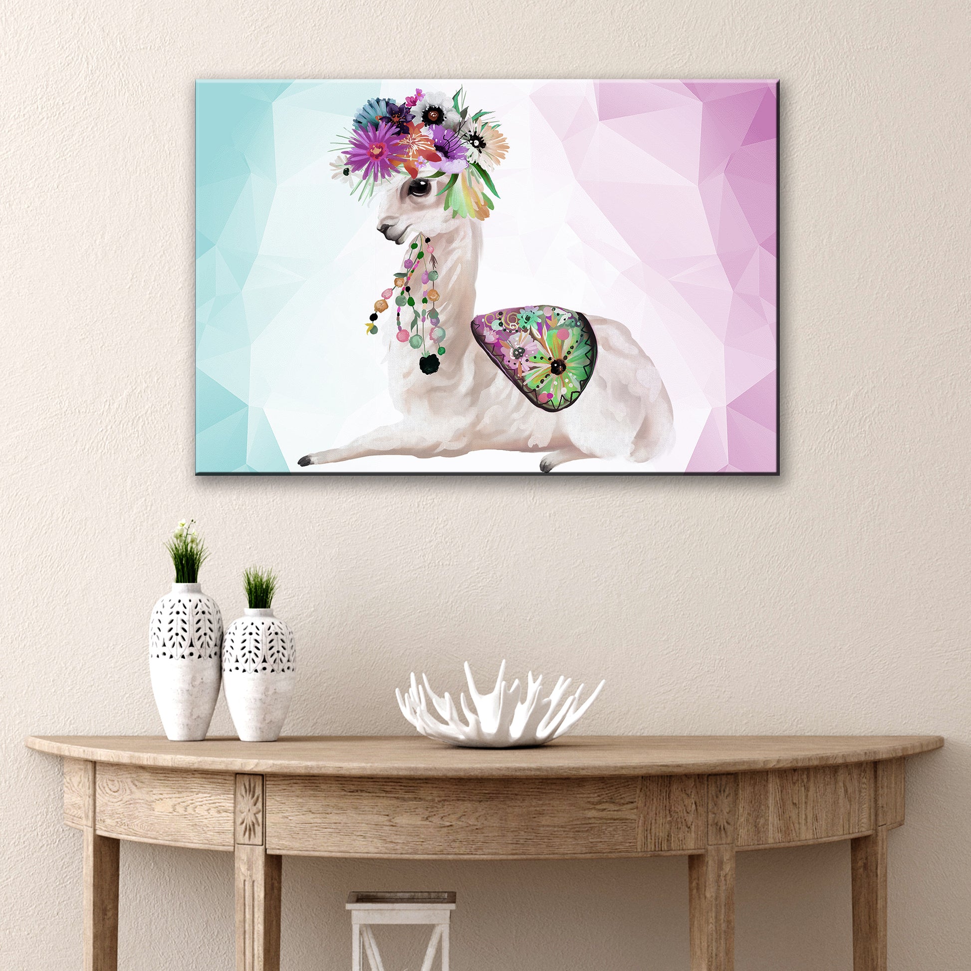 Geometric Flower Crowned Llama Cartoon Canvas Wall Art - Image by Tailored Canvases