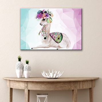 Geometric Flower Crowned Llama Cartoon Canvas Wall Art