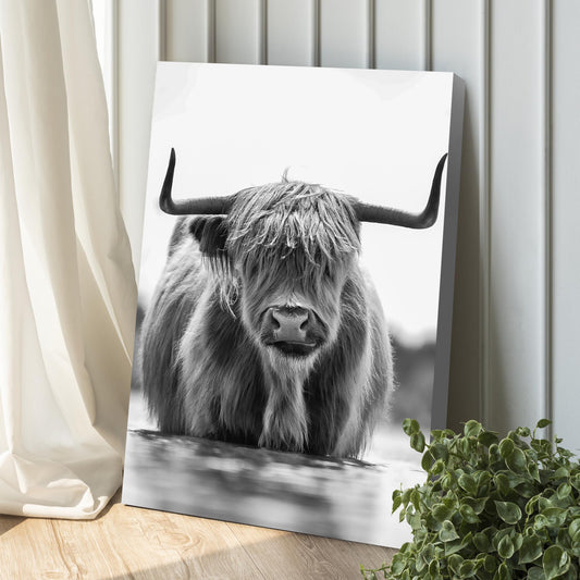 Grayscale Highland Cow Portrait Canvas Wall Art - Image by Tailored Canvases