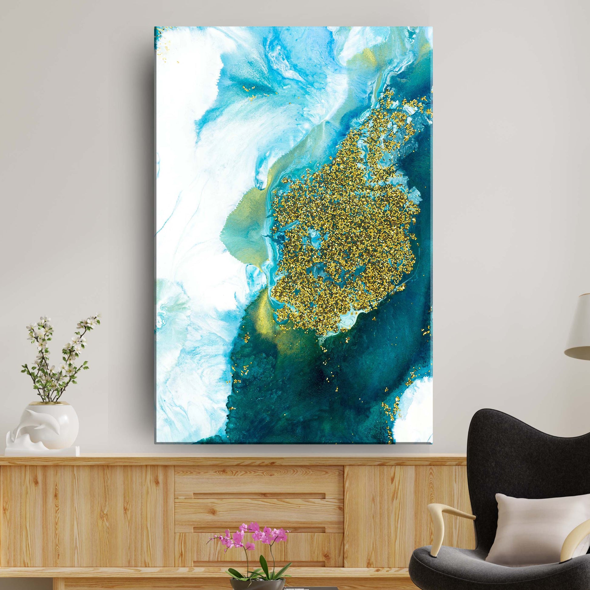 Aqua Gold Abstract Canvas Wall Art Style 1 - Image by Tailored Canvases