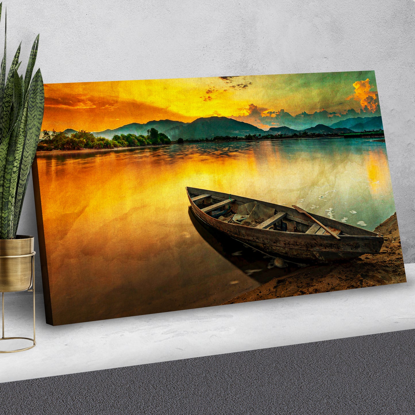 Abandoned Boat By The River At Sunset Wall Art Style 2 - Image by Tailored Canvases