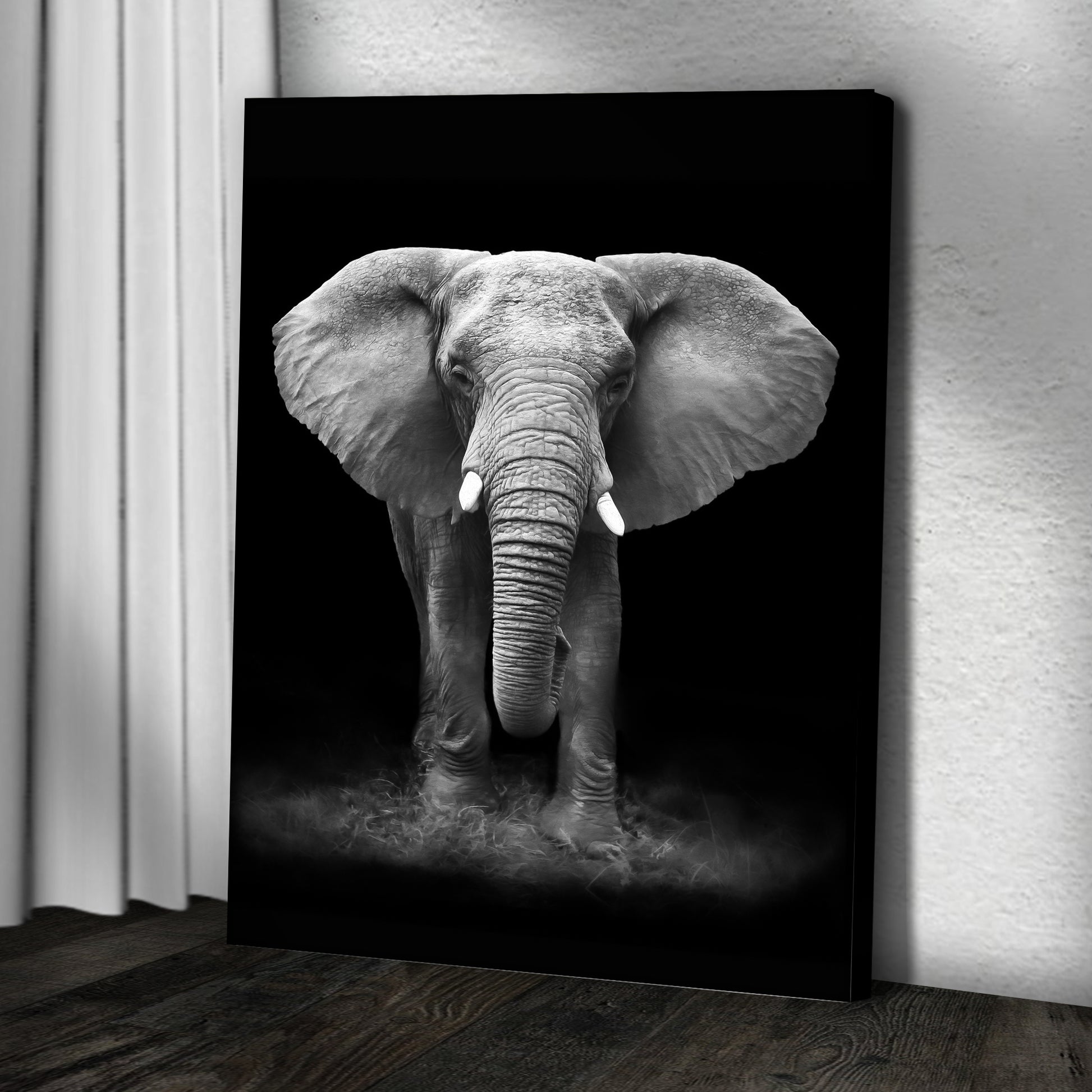 Black and White Elephant Portrait Canvas Wall Art Style 2 - Image by Tailored Canvases