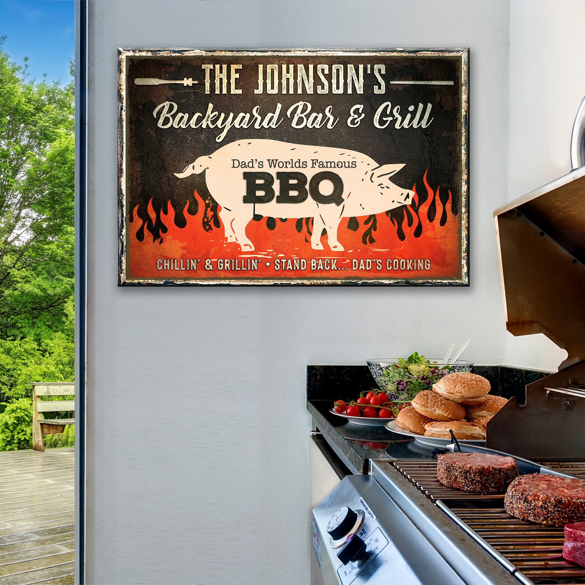 Dad's World Famous BBQ Backyard Bar & Grill Sign - Image by Tailored Canvases