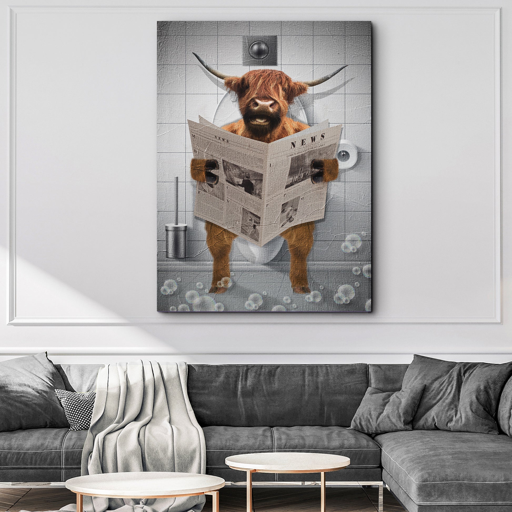 Highland Cattle Reading Newspaper Portrait Canvas Wall Art Style 1 - Image by Tailored Canvases