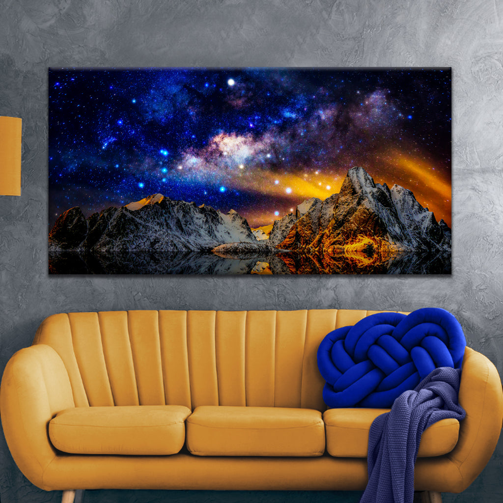 Blue And Orange Night Sky On Top Of Snowy Mountain Canvas Wall Art by Tailored Canvases
