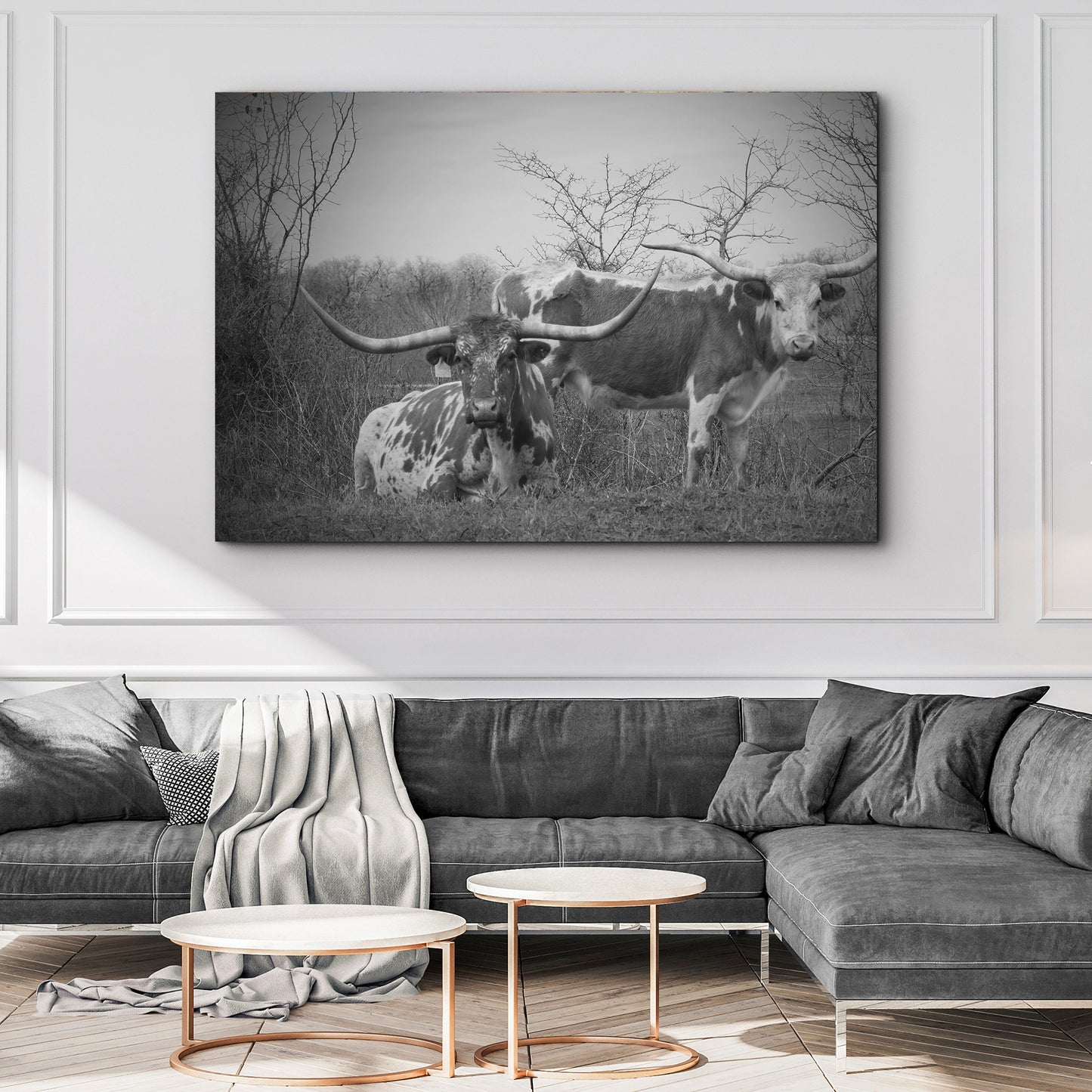 Monochrome Texas Longhorn Cattle Canvas Wall Art Style 2 - Image by Tailored Canvases