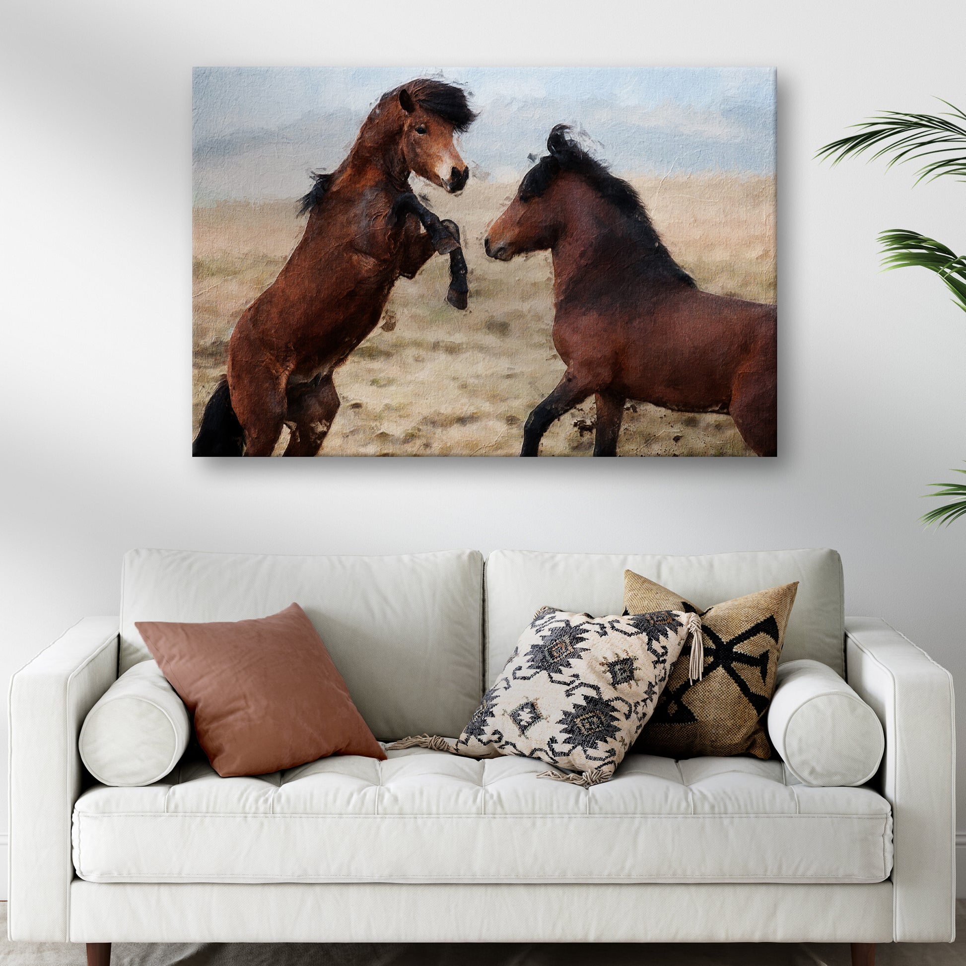 Clashing Wild Horses In Watercolor Canvas Wall Art Style 2 - Image by Tailored Canvases